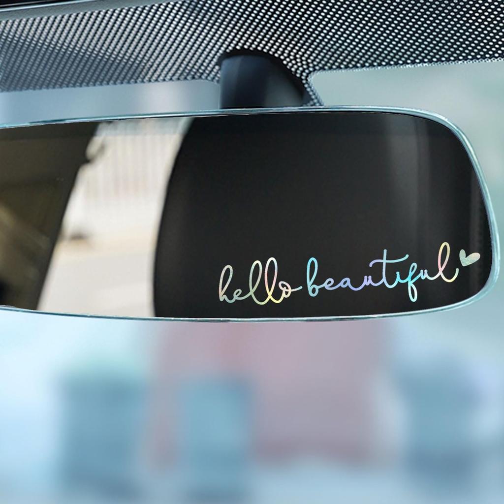 2 x Hello Beautiful Car Mirror Decal, Holographic Affirmation Sticker, Rearview Mirror Decal, Cute Vinyl, Holographic Tumbler Sticker, Water Bottle