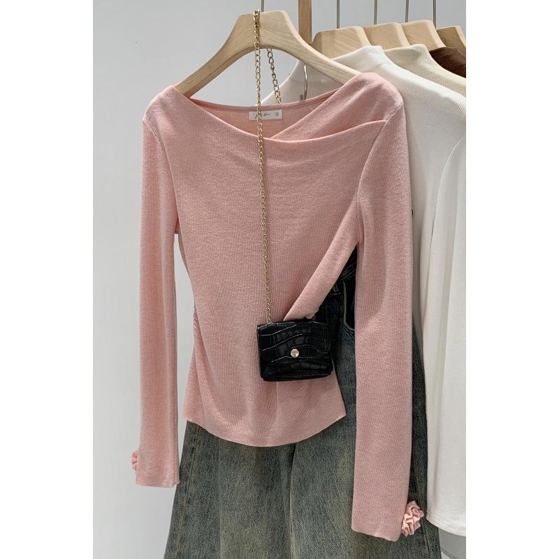 Korean Style Pink Draping Collar Knit Top for Women - Autumn/Winter 2025 New Arrival