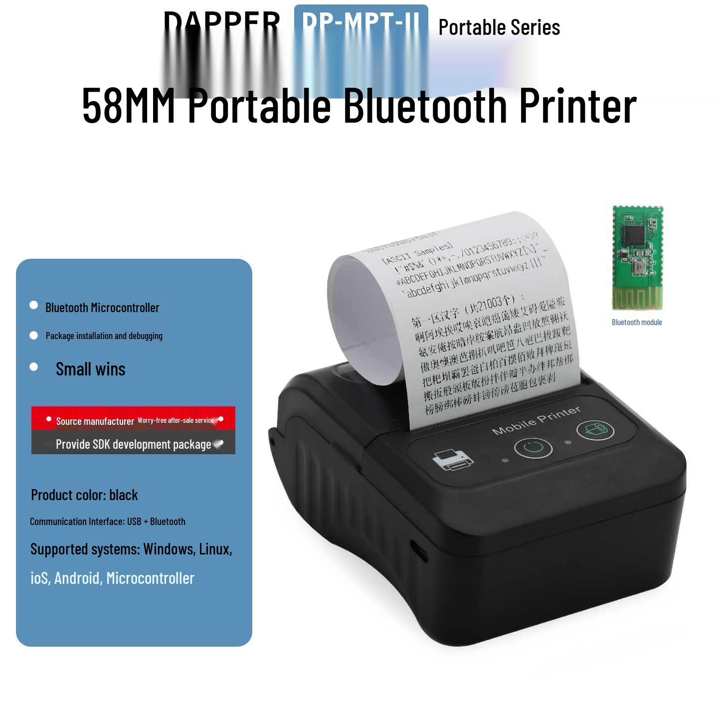 Dapu Micro DP-MPT-II Portable Bluetooth Printer for Takeaway Orders and Receipts No