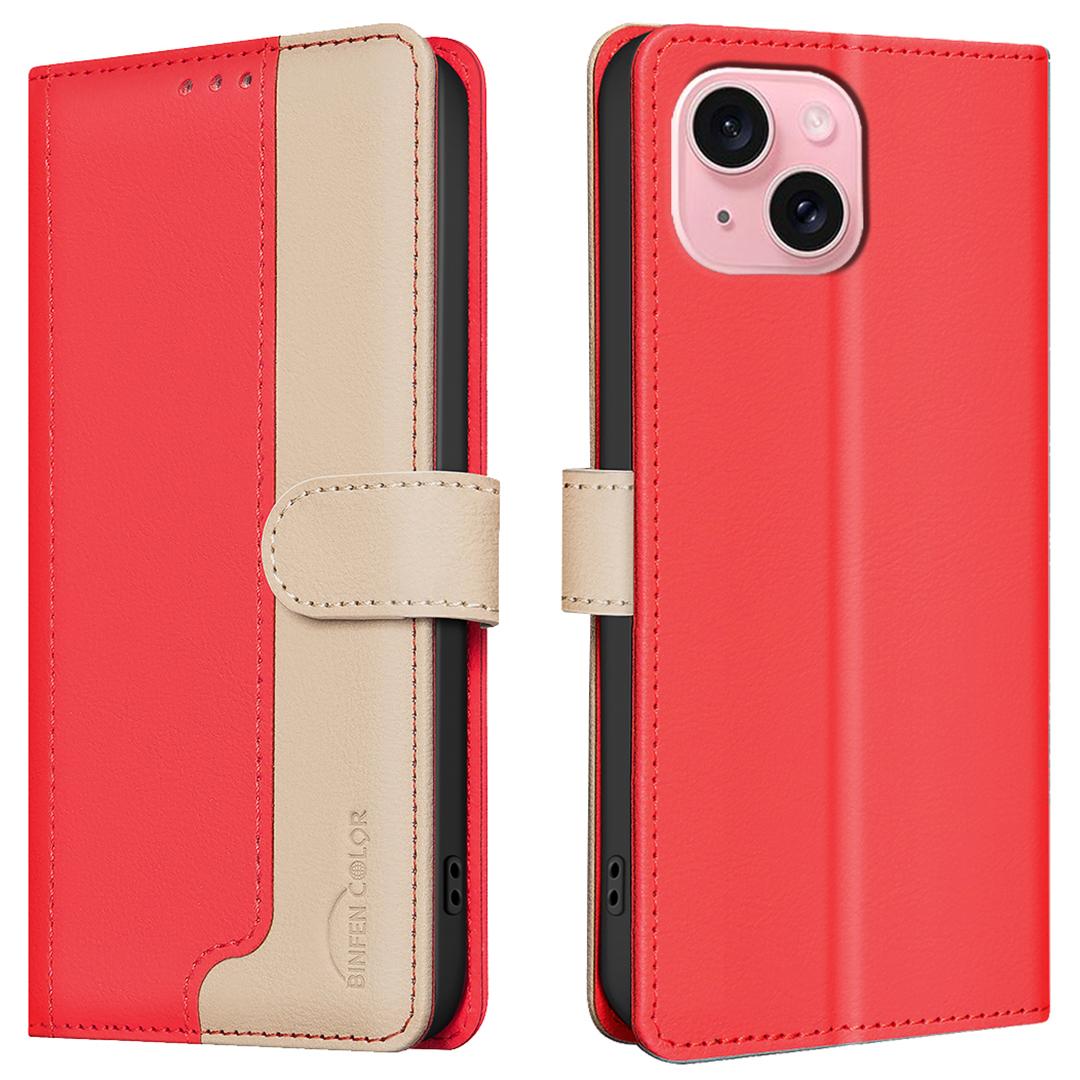 

BINFEN COLOR BF33 For iPhone 14/13 Case Splicing Color PU Leather Protective Phone Cover Red