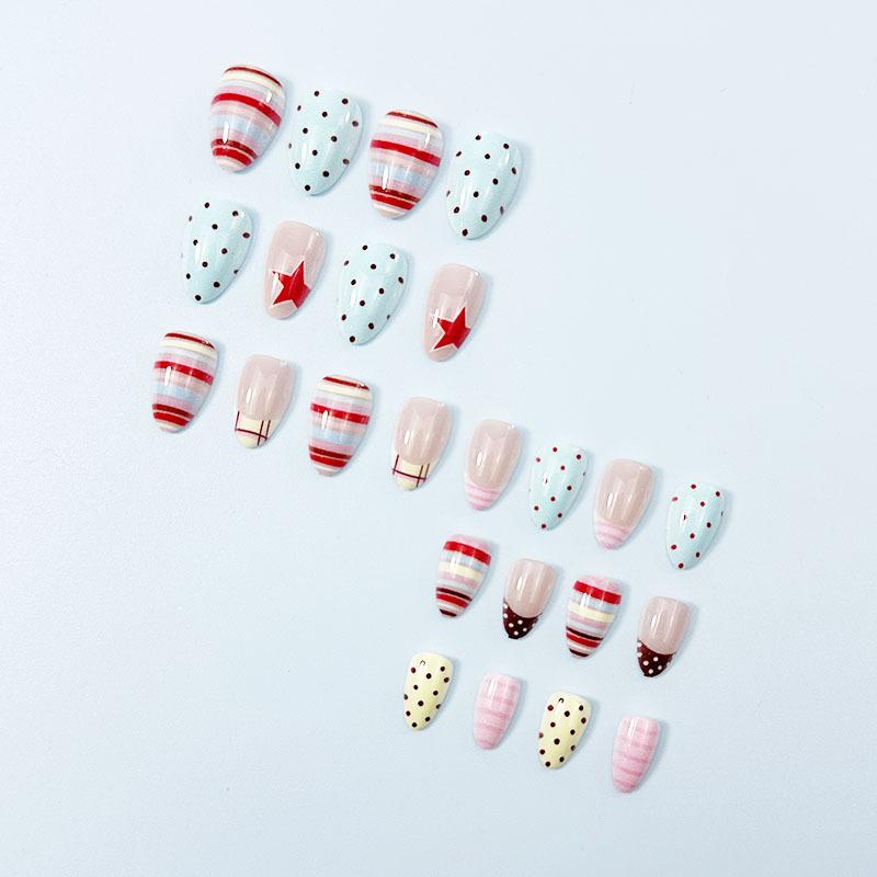 Press On Nails 24 Pieces Y2K Retro Style French Tips Striped Polka Dot Star Design Comfortable Fit For Daily And Party Use