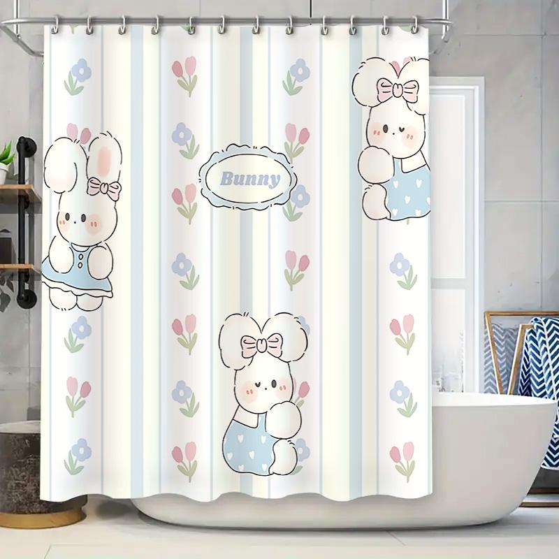 

Adorable Bunny Shower Curtain Blue Dress Bow Design Bathroom Decor Flowers For Stylish Home Upgrade Waterproof Durable W60H190(CM)-1 Pcs