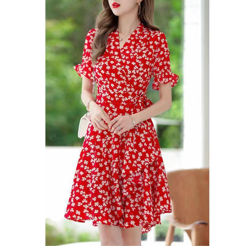 Women's A-line Floral Midi Dress - Summer V-Neck, Bell & Short Sleeves, Slim Waist