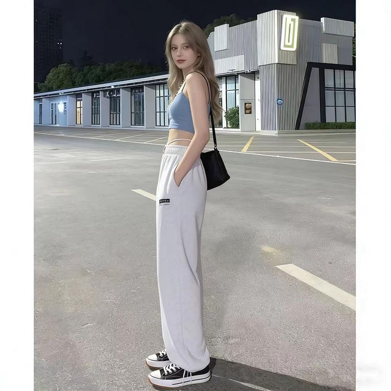 Women's Retro High-Waist American Flag Patch Grey Sweatpants - Y2K Wide-Leg Street Style