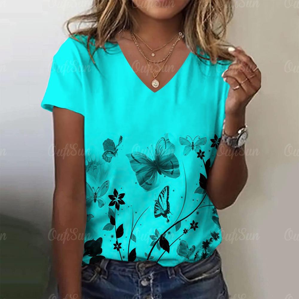 New Women T-shirt Simple Graphic Print Oversized Women's Trending Clothing Fashion Short Sleeve Shirt Women V-Neck Blouse 2024