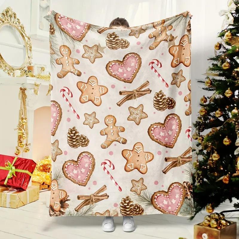 Christmas Gingerbread Man Digital-printed Polyester Bedroom Velvet Flannel Cover Blanket Fleece Soft Cover Blankets for Beds