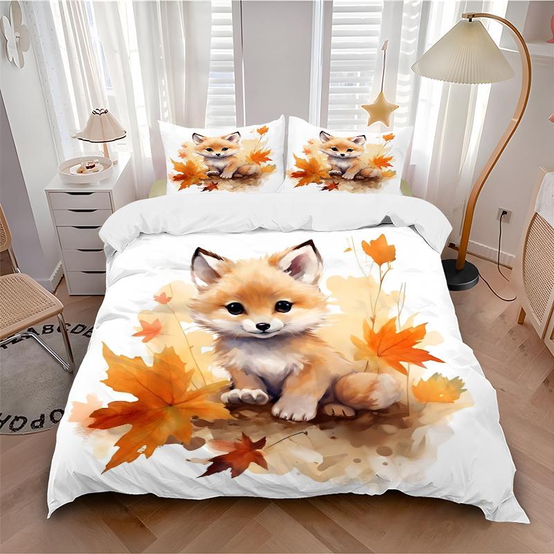 3pcs Small Animal Fox Cute Design Pattern Bedding Set, 1* Cover + 2*Pillowcases, Printed Bedding Set, Soft and Comfortable, Suitable for Bedroom
