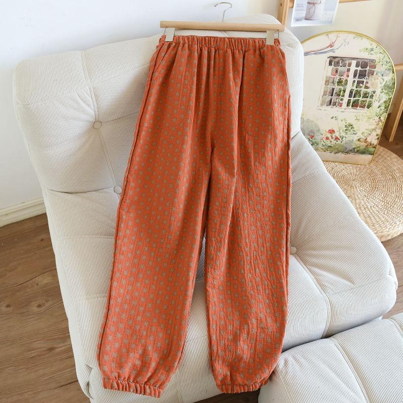 2026 New Spring/Summer Women's Sleeper Pants 100% Cotton Gauze Jacquard Retro Color Knitted Pants Loose Closure Home Pants