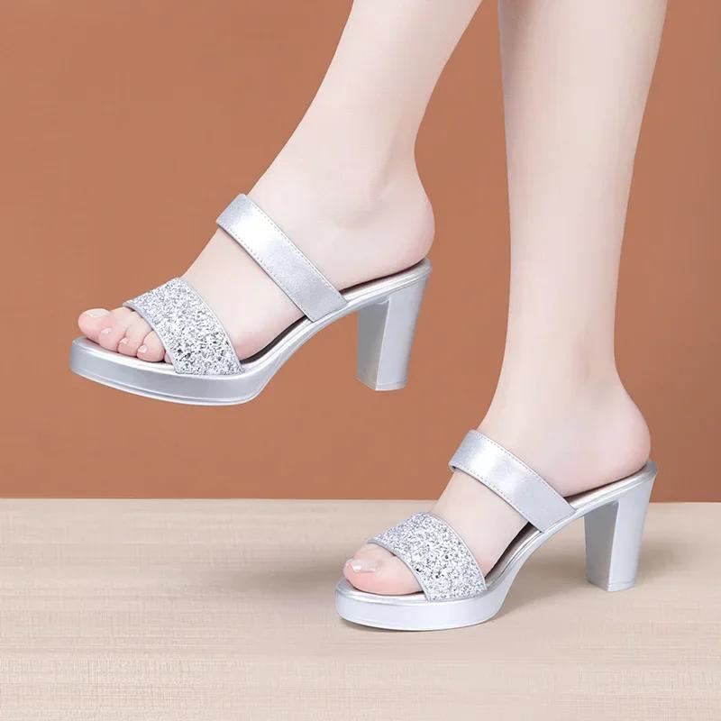 

8cm 10cm Small Big Size 32-43 All Match Elegant Bling Shoes Platform Slippers 2025 Summer Block High Heels Slides Office Model 32