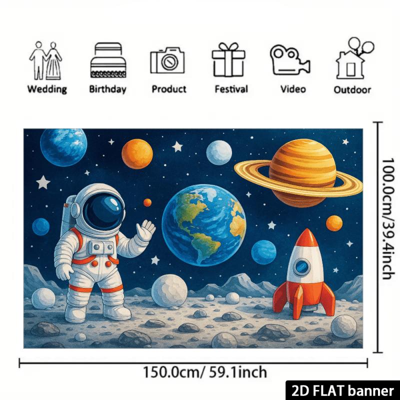2D Space-themed Graphic Design - Astronaut Background Image - Lunar Surface Astronaut Planets Rockets and Celestial Elements