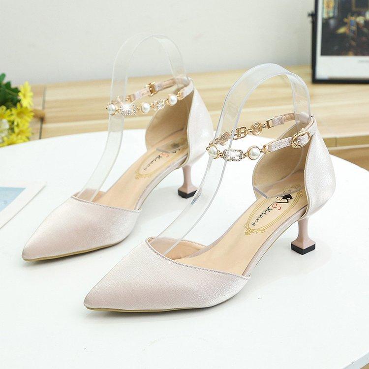 New light buckle rhinestone thin heel one-word buckle satin pointed sandals high heel light mouth