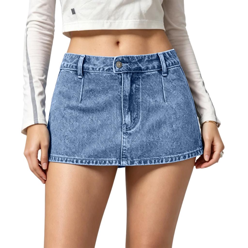 Women’s Vintage Denim Mini Skirt High Waist Distressed Jean Skirt with Front Button and Pocket for Casual Outfits