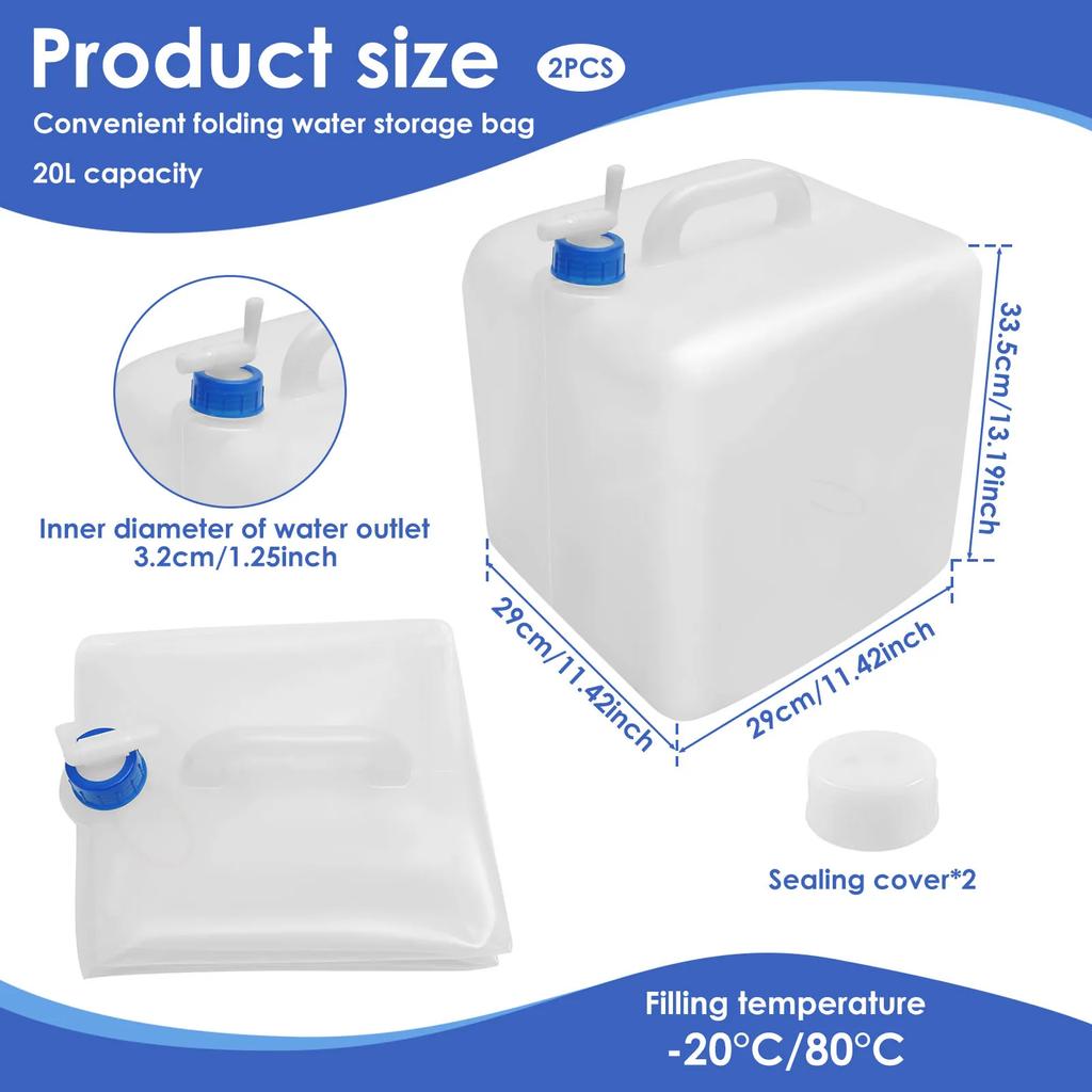 2Pcs 20L Collapsible Drinking Water Container with Spigot Portable Large Capacity Water Storage Bags for Outdoors Camping Hiking