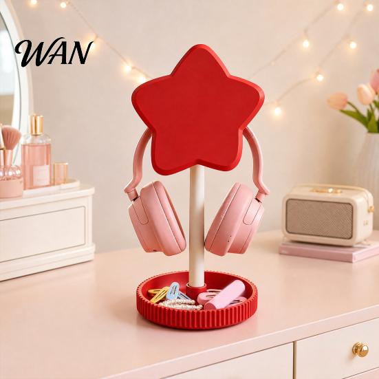 Girly Desktop Accessory Organizer Cute Star Headphone Stand with Storage Tray, 3D Printed PLA Headset Hanger & Desk Multifunctional Organizer, Macaron