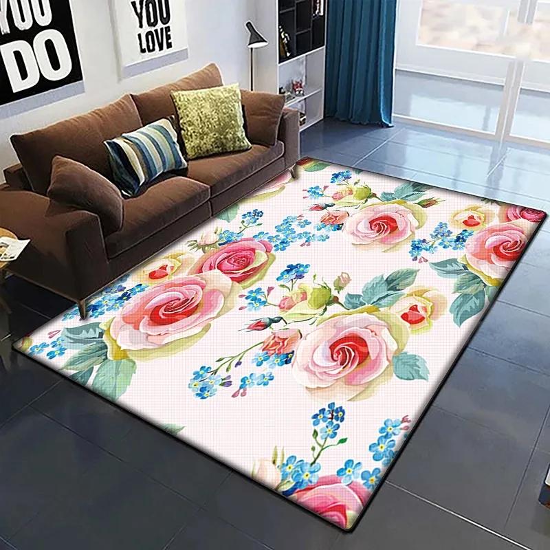 Rose Flower Print Carpet Living Room Rugs Anti-Slip Bedroom Bathroom Home Sofa Decor Floral Floor Mats Balcony Hallway Doormat