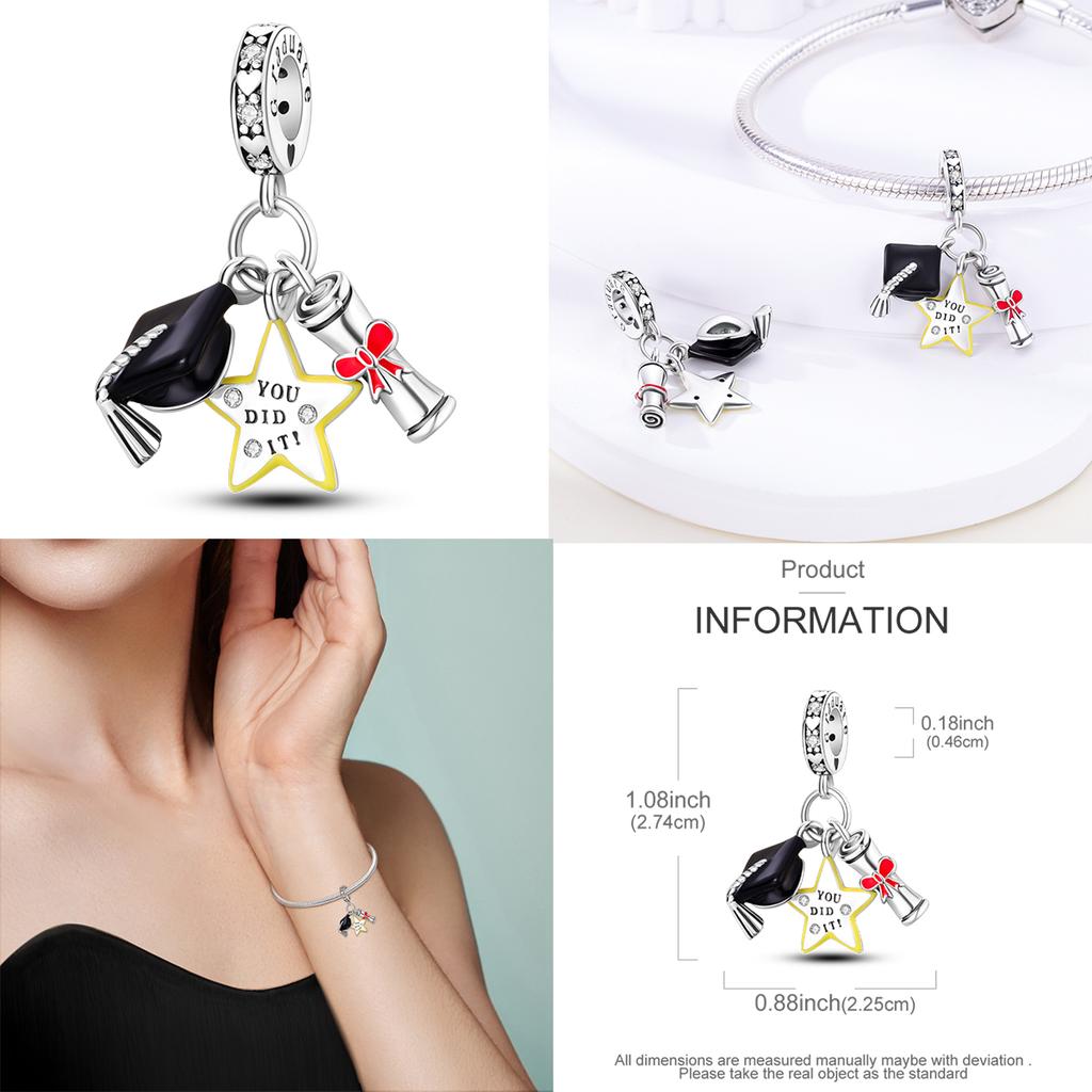 Happy Graduate Charms Bead Copper Bachelor Cap Dangle Fit Original Bangle Bracelet Diy Jewelry Graduation Ceremony