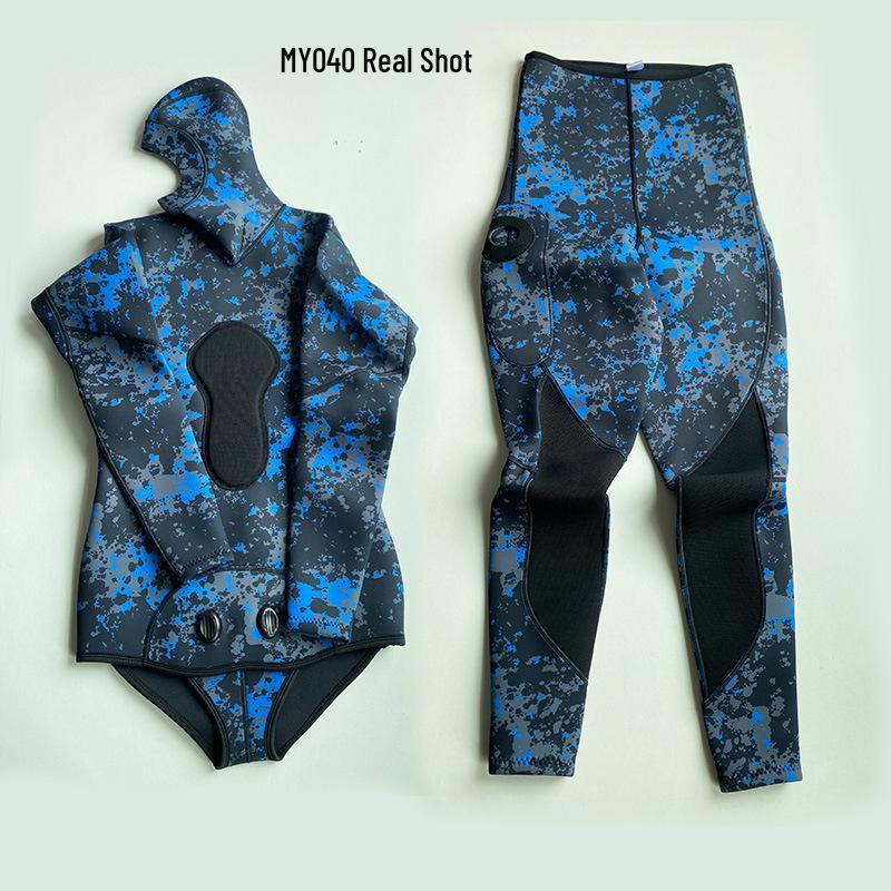 

3mm Camouflage Two-Piece Wetsuit with Hood for Diving, Spearfishing, Freediving, and Snorkeling Size XXL