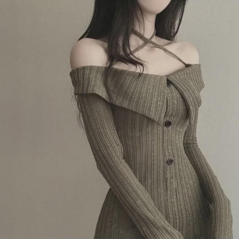 Korean Chic Autumn Halter One-Shoulder Slim Fit Long-Sleeved Dress for Women