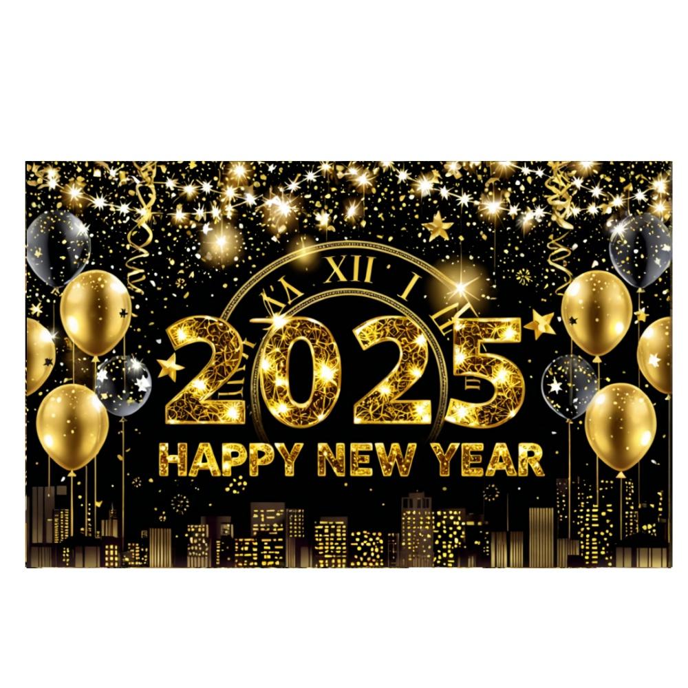 2025 New Year Theme Party Background Fireworks Golden Balloon Clock Banner Decoration Happy New Year Family Photo Supplies