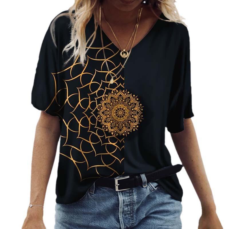 Women's Floral Print T-Shirt V Neck Short Sleeve Loose Casual Summer Top