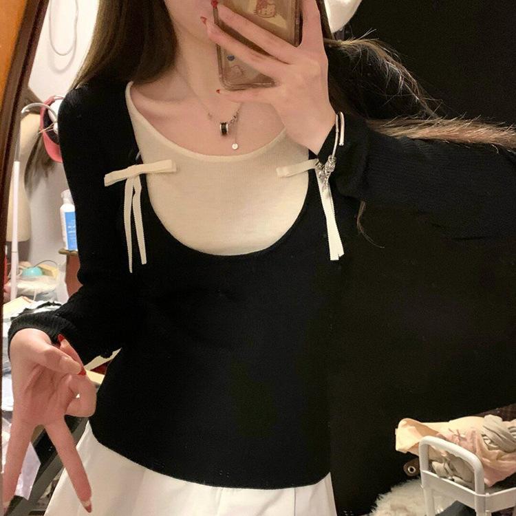 Core-spun yarn Korean fake two-piece bow contrasting color knitted sweater female slim autumn and winter thin inner fit One size fits all чёрный 1980₽