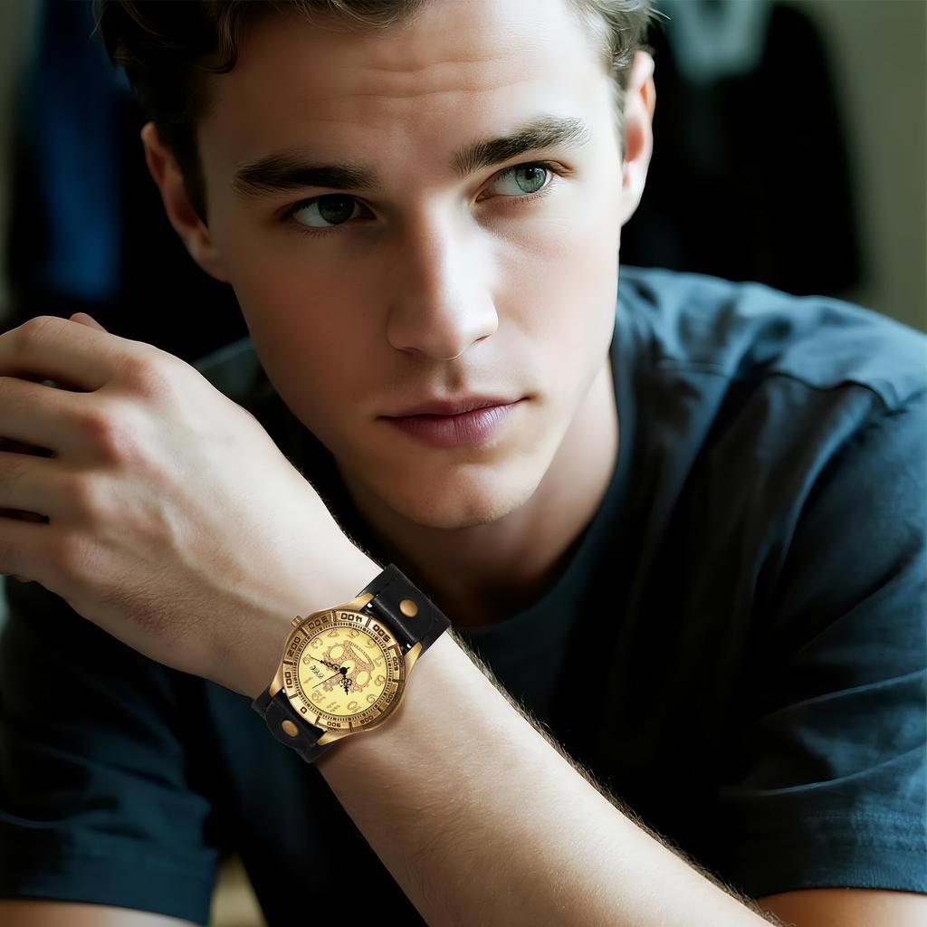 Unisex Punk Watch with Leather Waterproof Analog Display with Crown and Quartz Genuine Leather Motorcycle Fashion Watch Perfect Gift for and Day