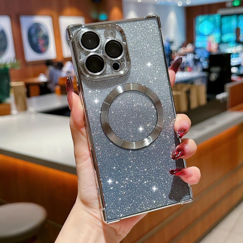 Electroplating right angle anti-drop magnetic glitter mobile phone case is suitable for Apple 16PRO advanced sense 14/13 protective cover fine hole