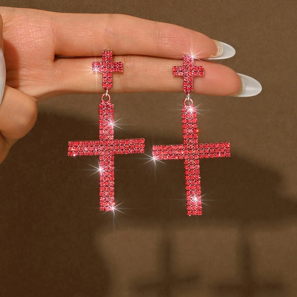 Cross Rhinestone Earrings Long Full Diamond High-End Fashion Earrings Women'S Earrings