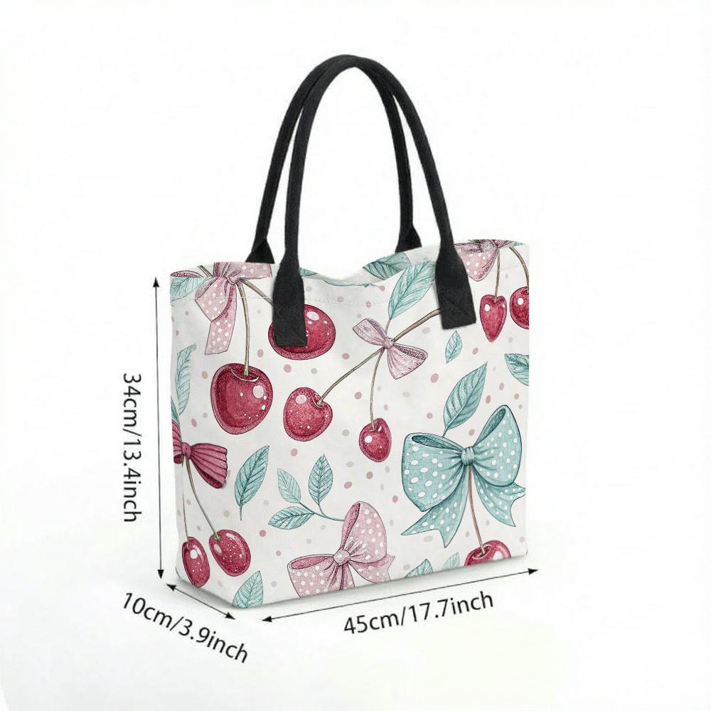 Cute Cherry Bow Printed Canvas Tote Bag Fashion Casual Large Capacity Portable Daily Outdoor Shopping Shoulder Handbag for Women