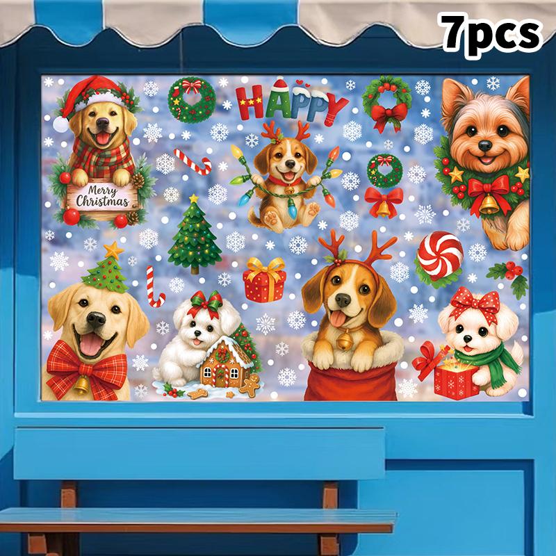 2/4/6/7/8/9Pcs Christmas Decorations Gift Box Static Stickers Shopping Mall Window Decoration Wreath Puppy Glass Stickers