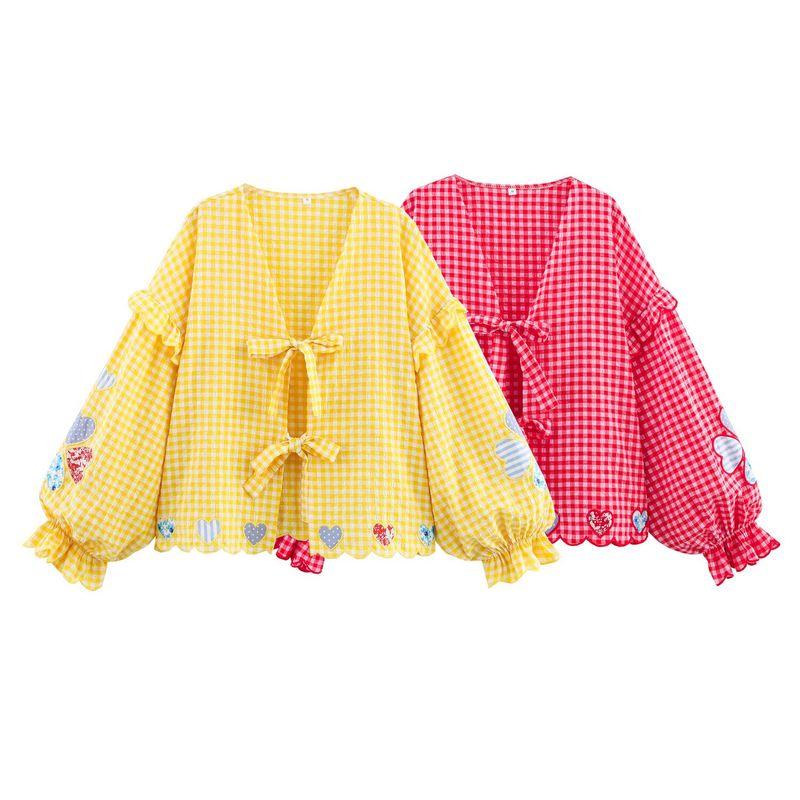 Kaslead New Women Clothes Western Style Fashion Simple Love Heart Plaid Embroidery Lace-up Shirts