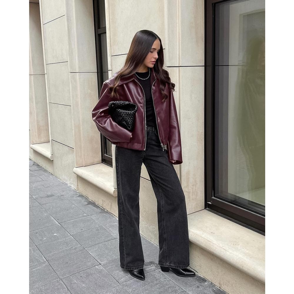 Wine Red Faux Leather Jakcet Fashion Outerwear Thicken Zipper Lapel Pu Coats Autumn Winter Streetwear Ladies Tops Women