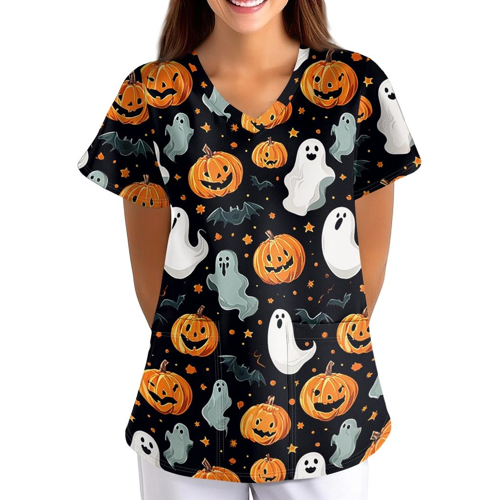 Women's Halloween Printed V-Neck Short Sleeve Scrub Top with Pockets Loose Fit