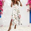 Women Plus Size Round Neck Short Sleeve Floral Printed White Side Slit A Line Long Dress