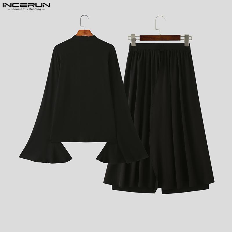 INCERUN Two Pieces Men Flare Long Sleeve Shirts and Layers Wide Legs Pants Sets Outfits