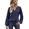 2023 European & American Solid Color V-Neck Splicing Long-Sleeve Loose T-Shirt for Women