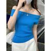 Mode Schulterfrei Kurzarm Elegant Nieten Pullover Gestrickt Damen Bluse Slim Fit Einfacher Pullover Einfarbig T-Shirt Y2k Lässiges Oberteil Kleidung