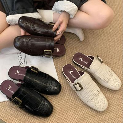 Genuine Leather Carved Tassel Mules - Women's Low Heel, Pointed Toe Slip-On Sandals