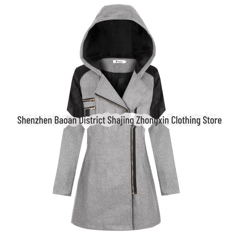 Women Hooded Mid Length Warm Windbreaker Coat with Oblique Zipper Woolen