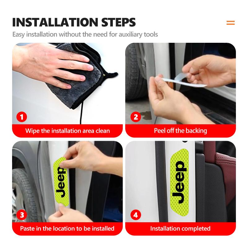 For Jeep 4pcs Car Logo Door Reflective Strips Sticker Security Warning Stickers Accessories Cherokee Wrangler JK Gladiator AJP1