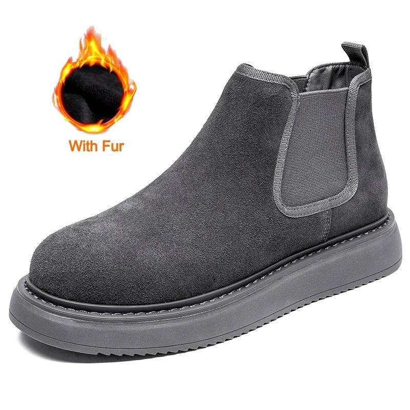 Fashion Genuine Leather Men Winter Short Plush Boots British Style Warm Casual Leather Thick Bottom Winter Shoes Outdoor Walking Shoes