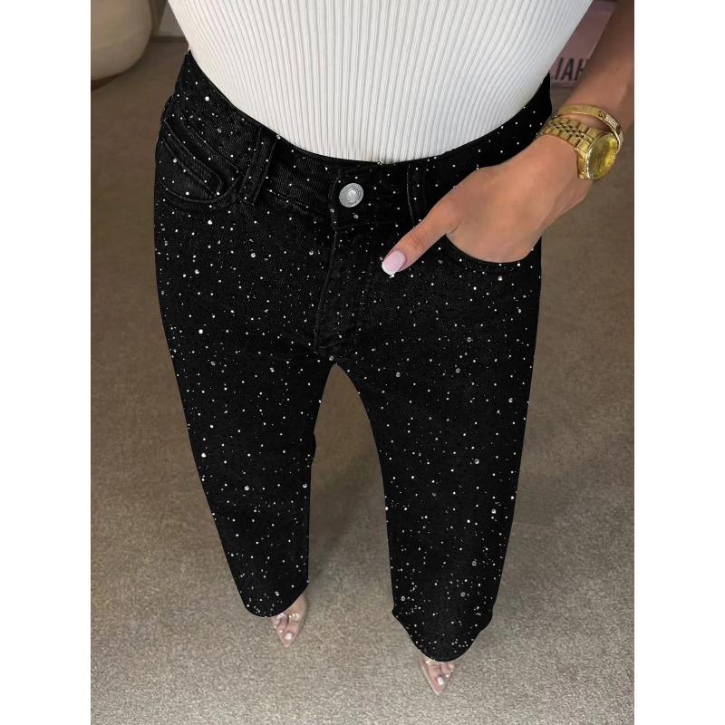 Shiny Rhinestone Jeans Pants Sexy Women High Waist Elegant Night Club Diamonds Denim Straight Trousers