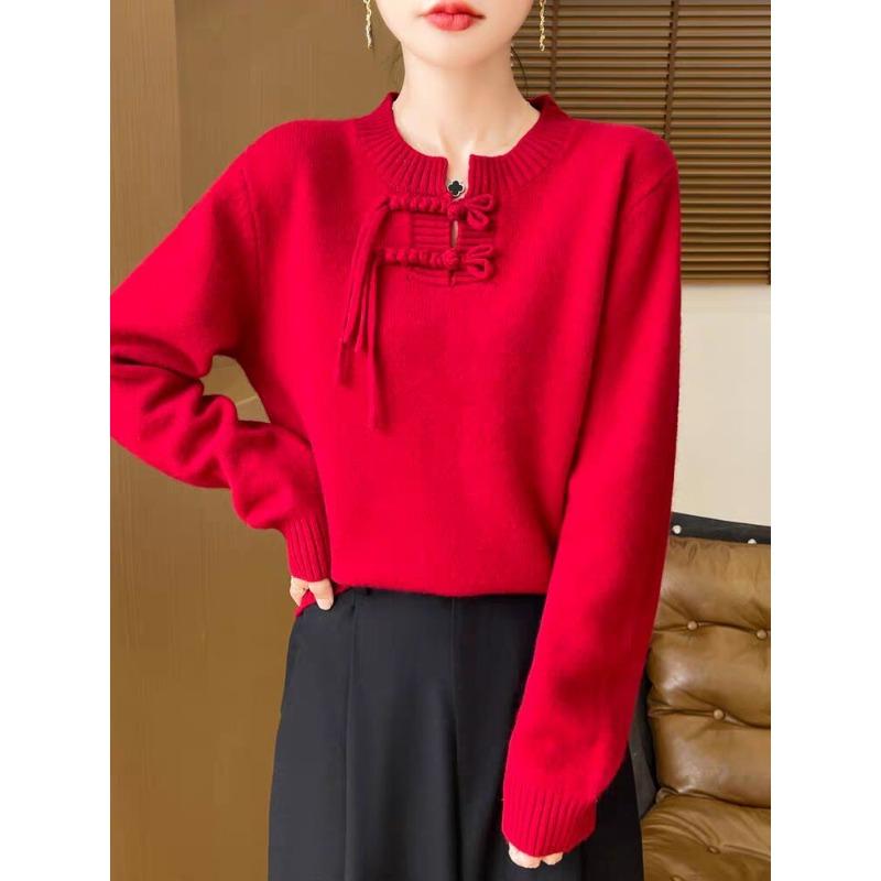 New Chinese Style Autumn and Winter New Women's Half-open Collar Loose Pullover Knitted Sweater Velvet