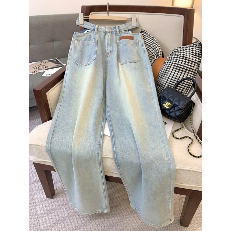 

Женские джинсы с высокой талией, зауженные, светло-голубые, широкие штанины, рваные, осень 2025 Small
