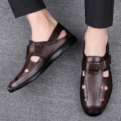 New Genuine Leather Men Black/brown Sandals Dress Shoes Summer Beach Shoes Business Breathable Hollow Out Flat Casual Sandals