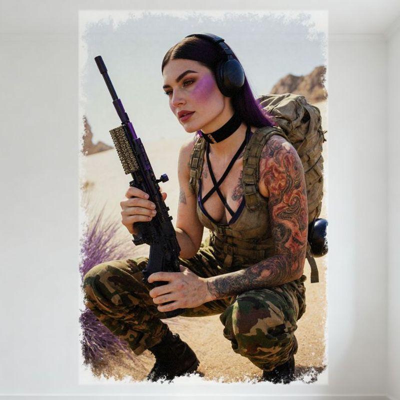 

Sexy Long Purple Hair Woman Desert Military Fatigues Tin Sign Vintage Metal Poster with Tattoos, Rifle - Bar Pub Home Cafe Wall 20x30cm（7.8x11.8inch）