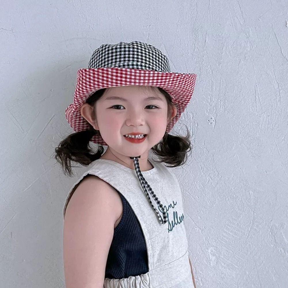 Double Sided Boys Girls Bucket Cap Lattice Baby Sun Hat Soft Children Fisherman Hat  Boy/Girls