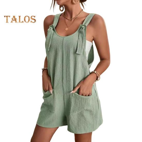 Macacão Feminino Sem Mangas Verão Casual Macacão Curto Solto de Algodão com Bolsos Roupas de Praia para Viagem Férias