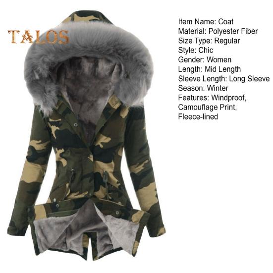 Women Winter Down Coat Faux Fur Fleece-lined Zip-up Press Button Closure Windproof Mid Length Jacket Camouflage Print Slim Fit Outerwear