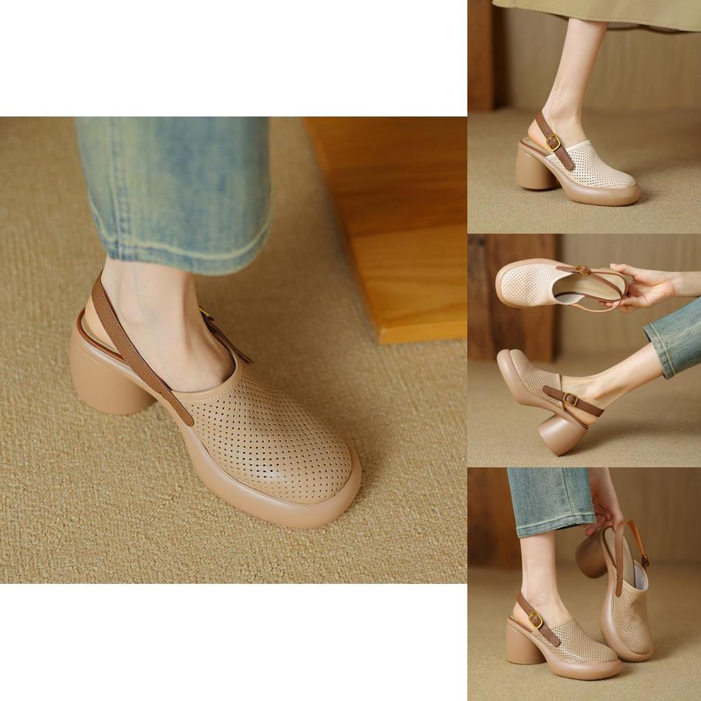 Sommer-Sandalen mit offenem Rücken für Damen mit dicker Sohle und runder Spitze aus Superfiber-Material für Freizeit